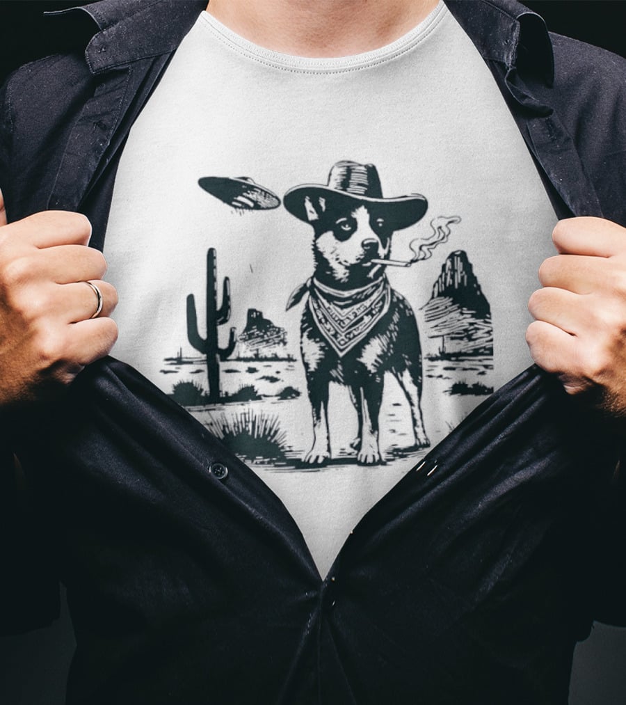 Australian Cattle Dog Smoking With UFO And Western Cowboy Desert Scene T-Shirt