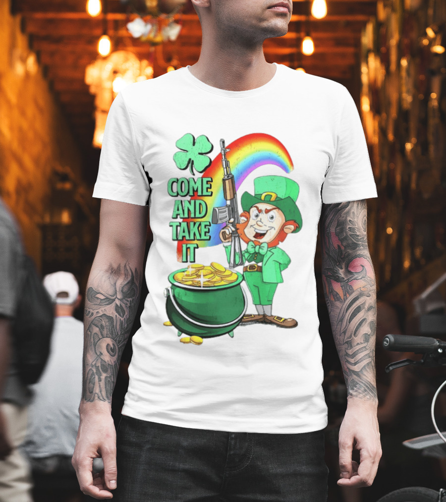 St Patrick Leprechaun Rifle Rainbow Pot Of Gold Come And Take It T-Shirt