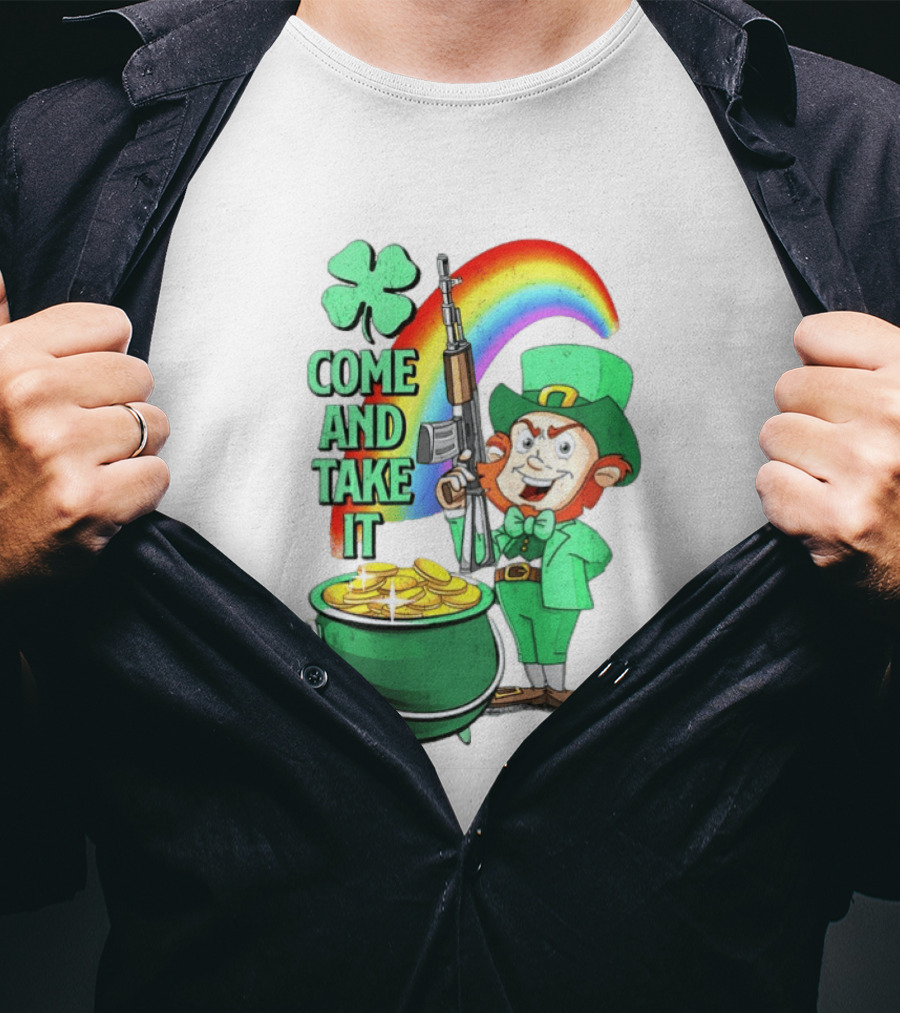 St Patrick Leprechaun Rifle Rainbow Pot Of Gold Come And Take It T-Shirt