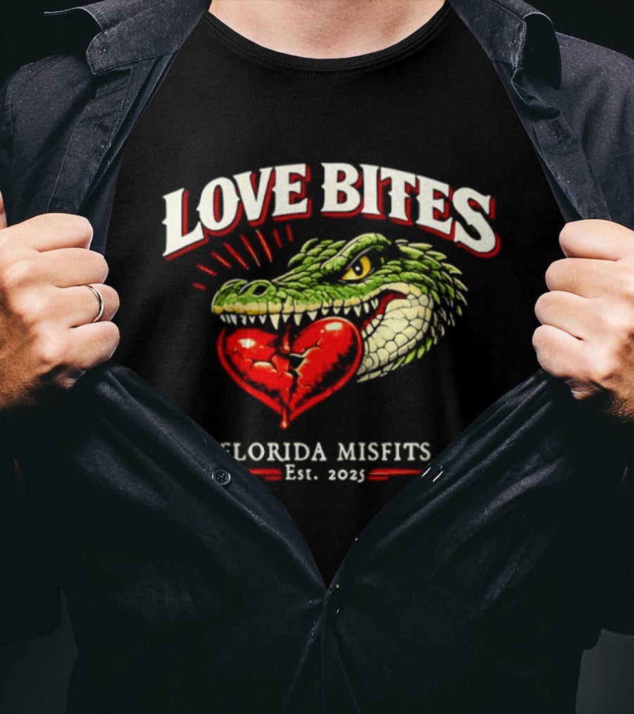 Love Bites Crocodile Broken Heart Florida Misfits Est 2025 T-Shirt