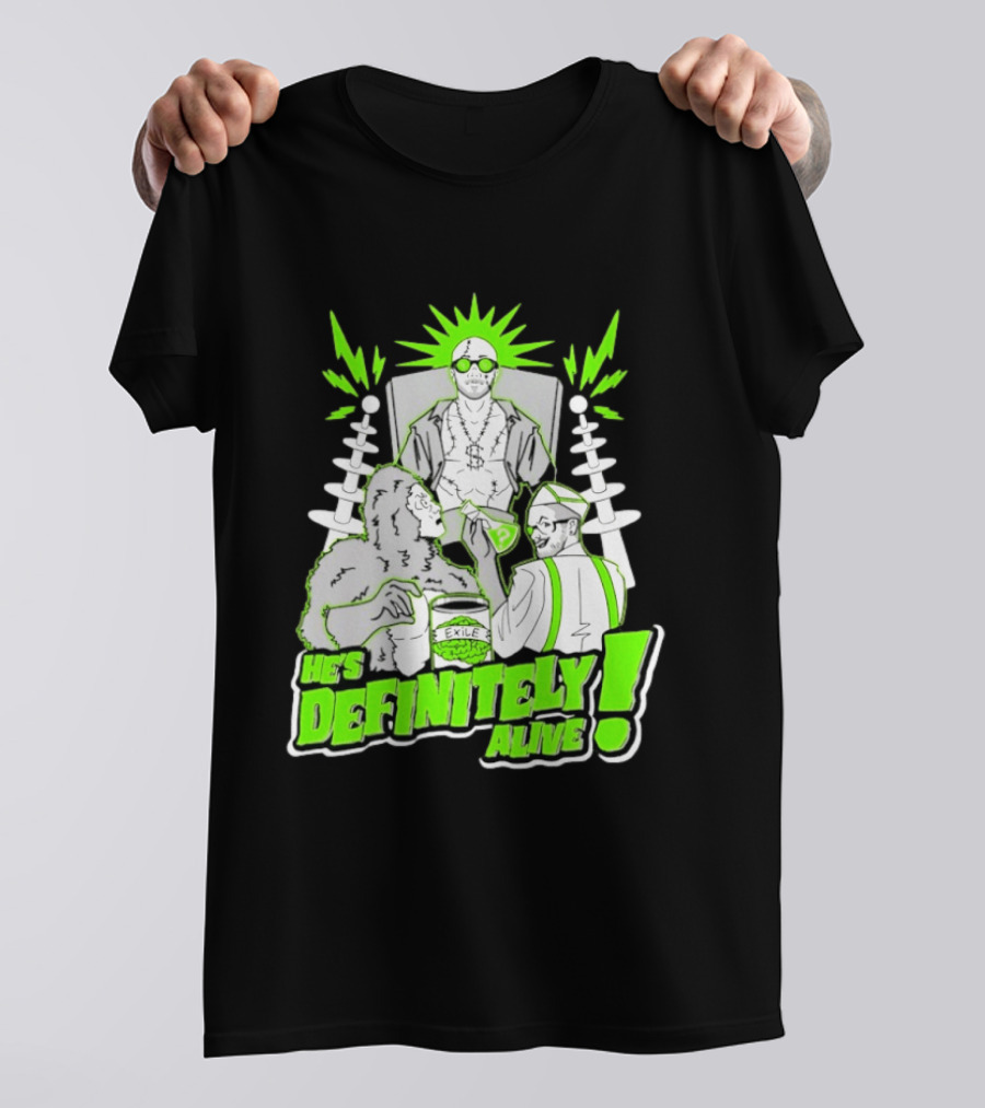 He's Definitely Alive Exile Bright Green Highlights Gorilla And Scientist T-Shirt