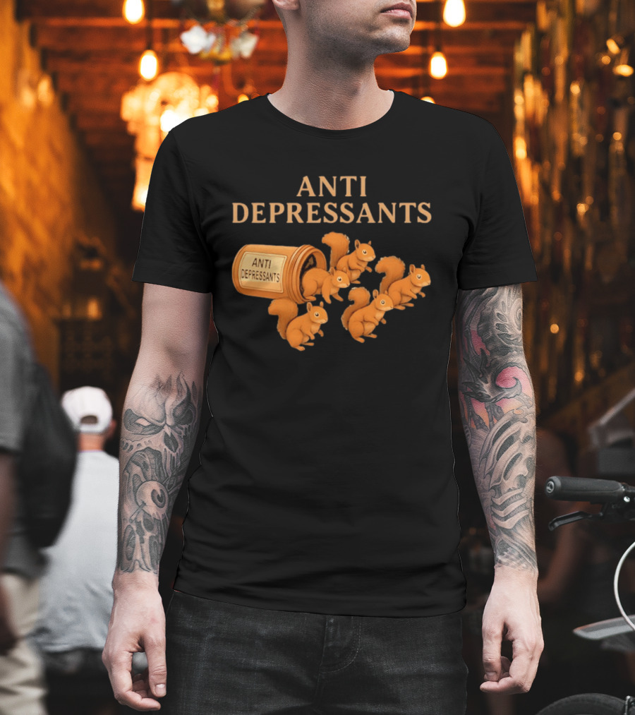 Squirrel Anti Depressants Funny Squirrels In Bottle T-Shirt