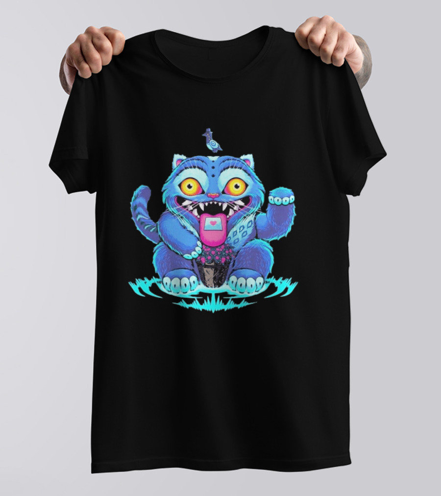 Lucky Derpy Cheshire Cat Maneki Neko Fusion Vibrant Blue T-Shirt