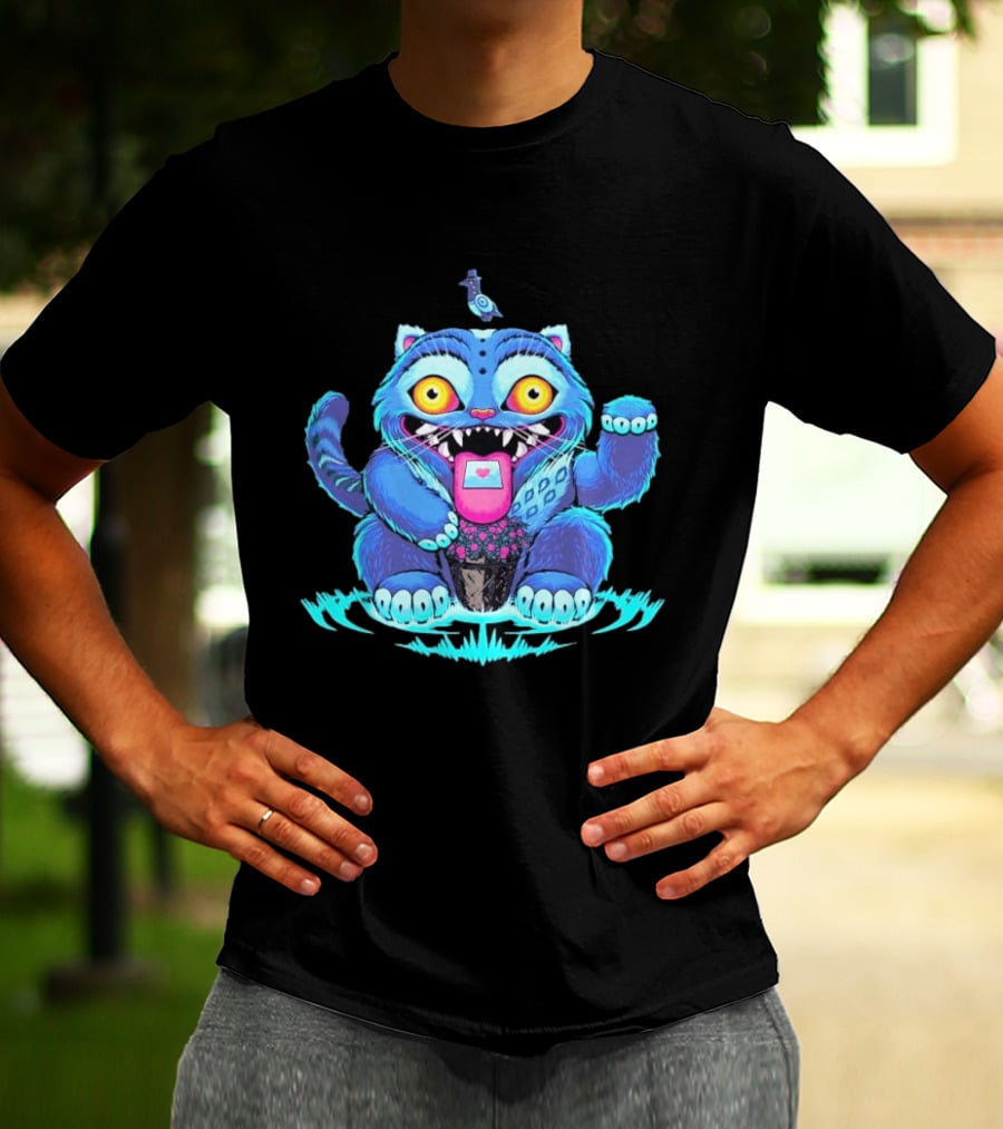 Lucky Derpy Cheshire Cat Maneki Neko Fusion Vibrant Blue T-Shirt