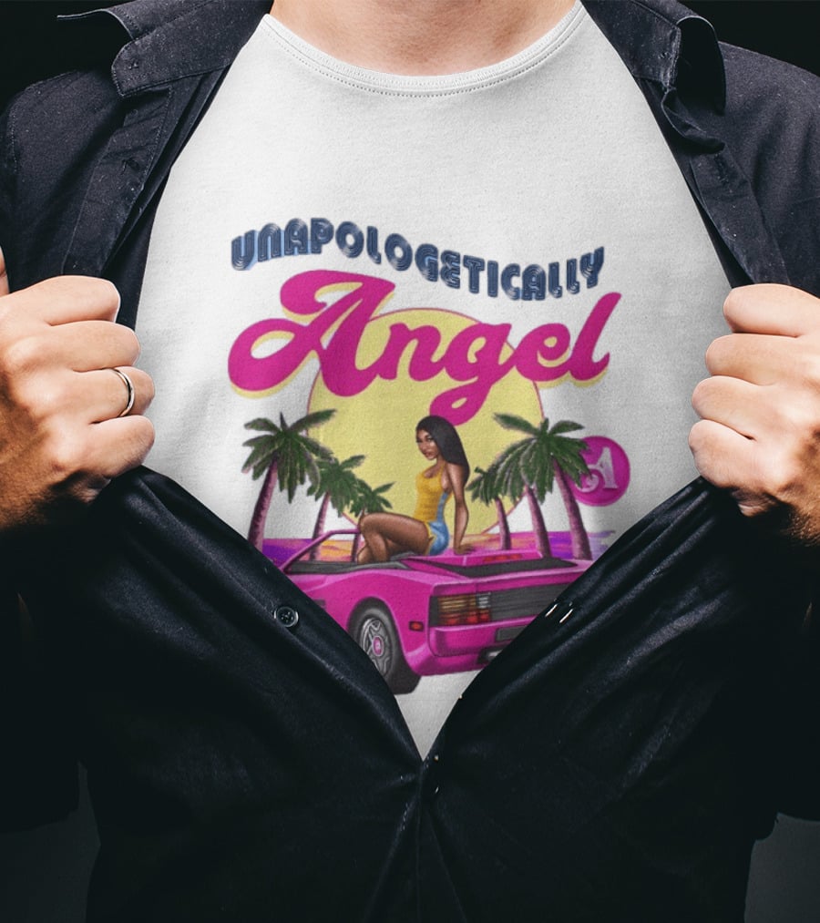 Unapologetically Angel Paradise Sunset With Pink Car And Palm Trees T-Shirt