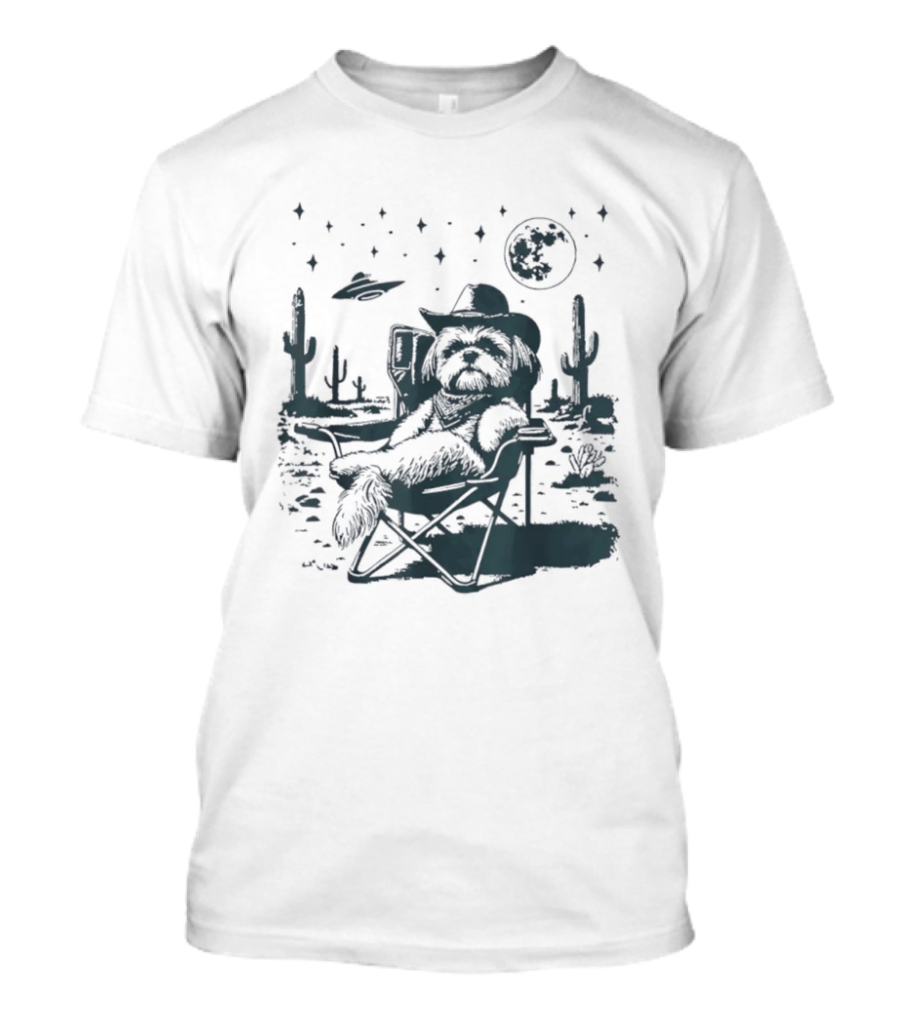 Shih Tzu Cowboys UFO Western Desert Scene Cactus Moon Stars T-Shirt