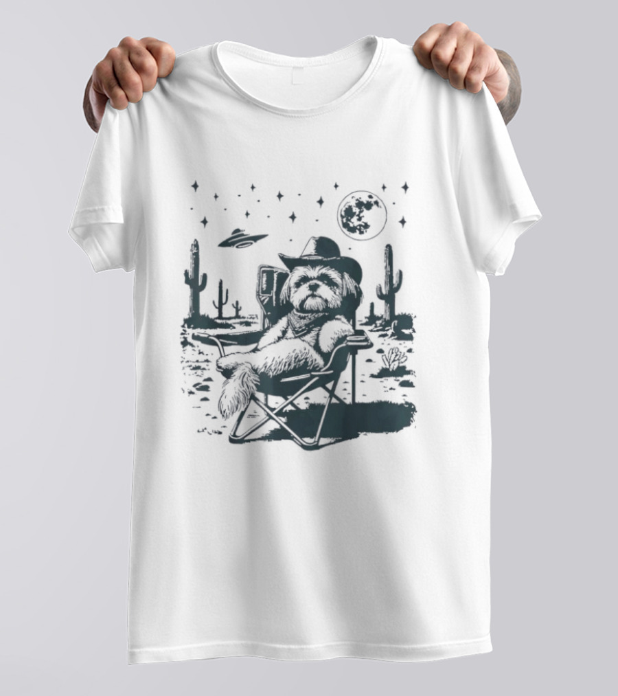 Shih Tzu Cowboys UFO Western Desert Scene Cactus Moon Stars T-Shirt