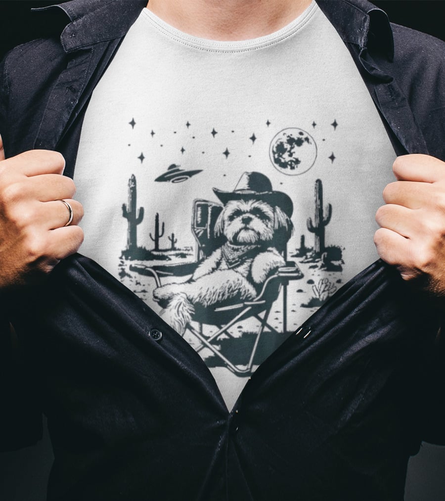 Shih Tzu Cowboys UFO Western Desert Scene Cactus Moon Stars T-Shirt