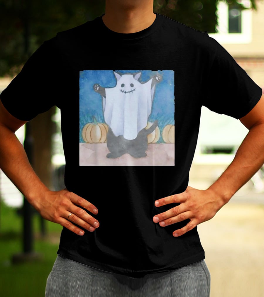 Spooky Black Cat In Ghost Costume With Pumpkins Halloween T-Shirt