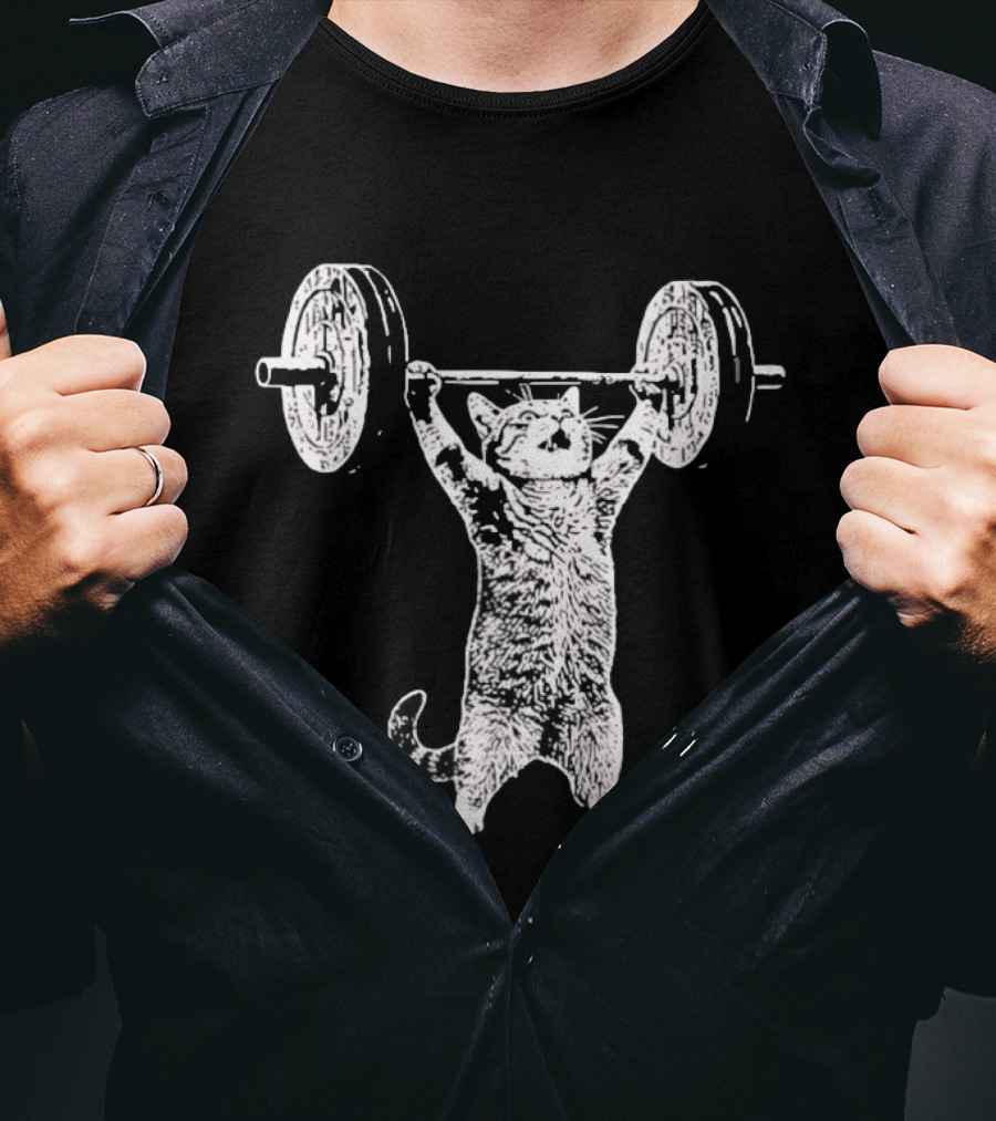 Cat Shoulder Overhead Press Weightlifting Feline Lifting Barbell T-Shirt