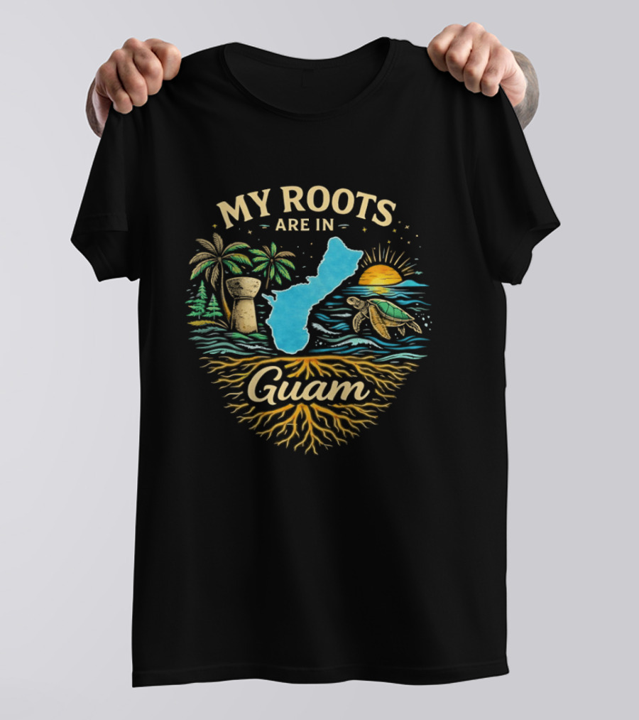 My Roots Are In Guam Chamorro Culture Heritage Turtle Latte Stone Palms Sunset Ocean Map T-Shirt