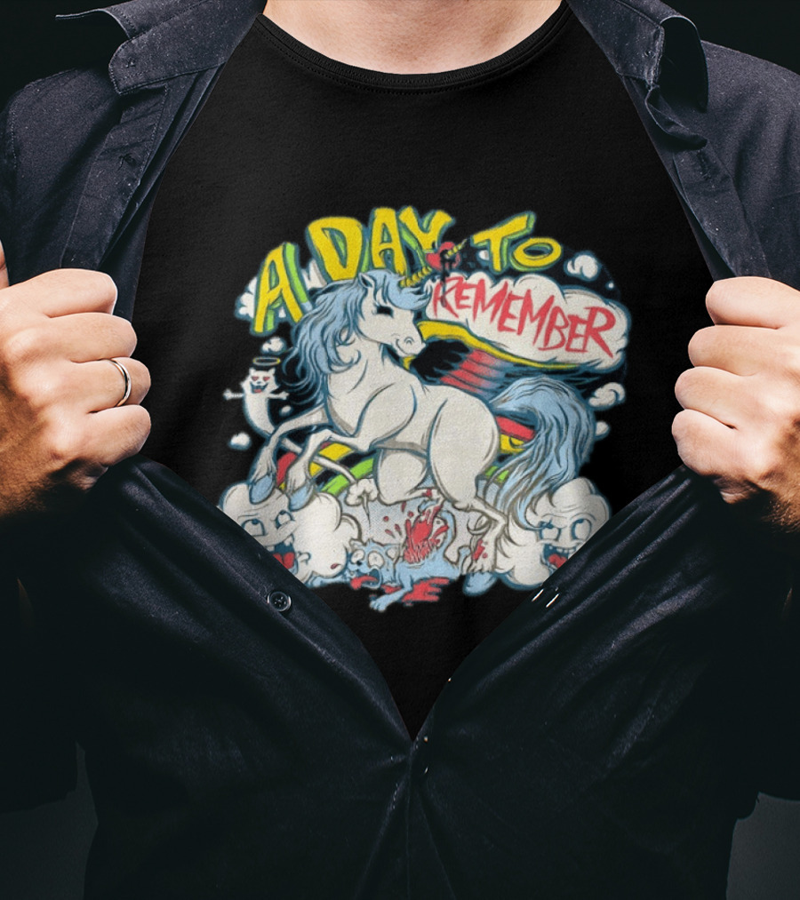 A Day To Remember Unicorn With Colorful Clouds And Characters T-Shirt
