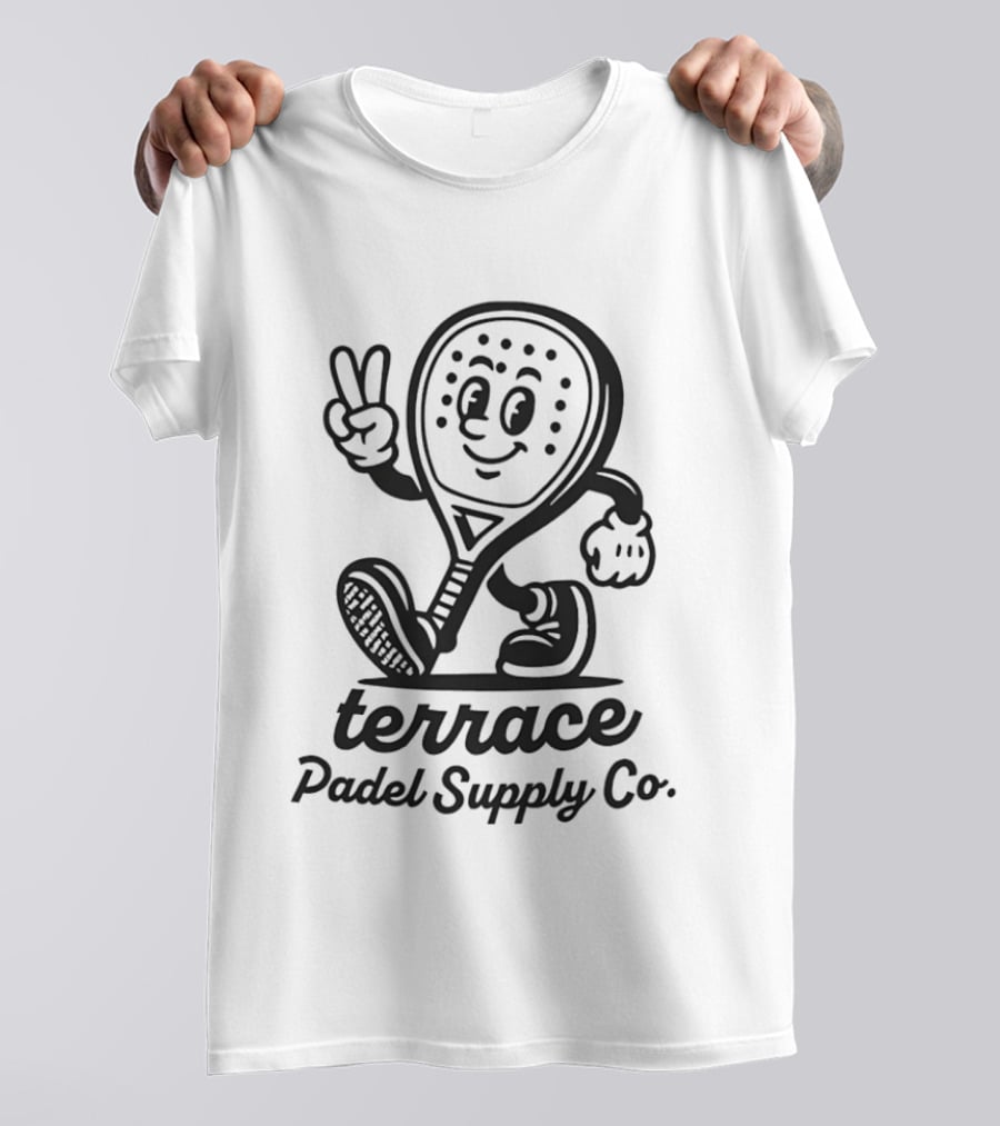 Terrace Padel Supply Co. Smiling Paddle Character Peace Sign T-Shirt