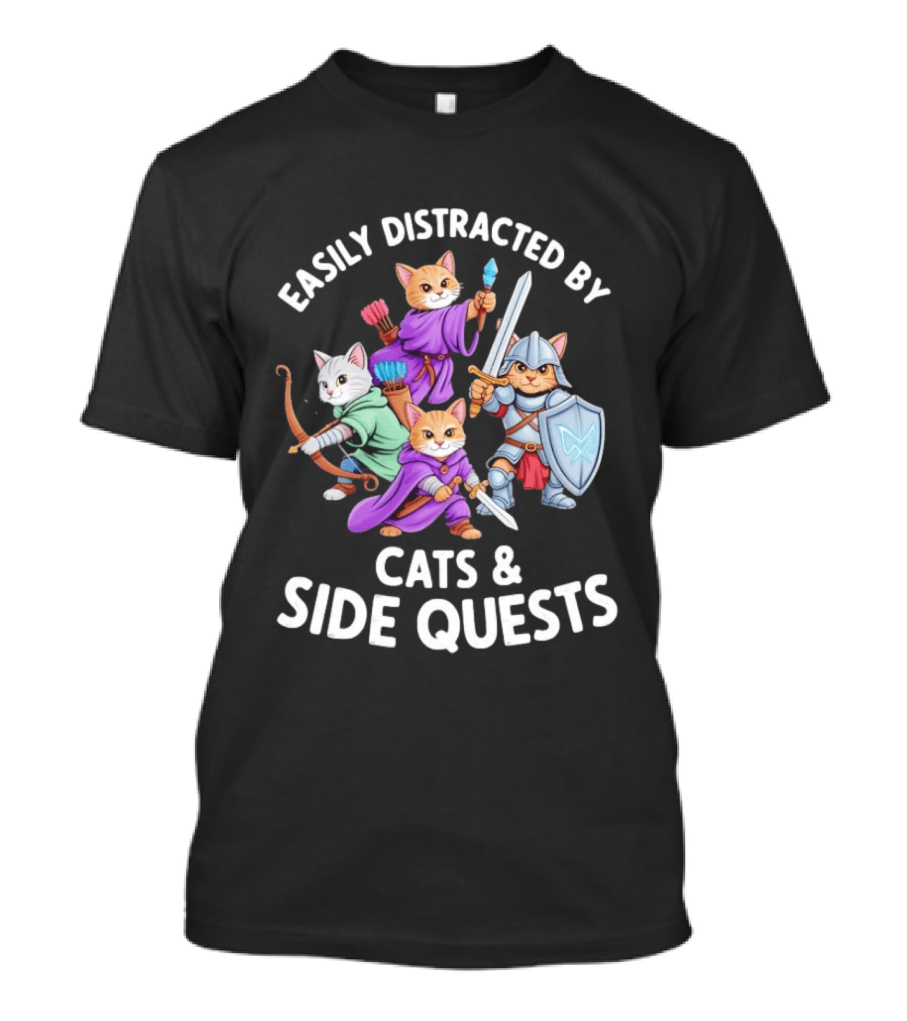 Easily Distracted By Cats And Side Quests Fantasy Theme With Feline Adventurers T-Shirt