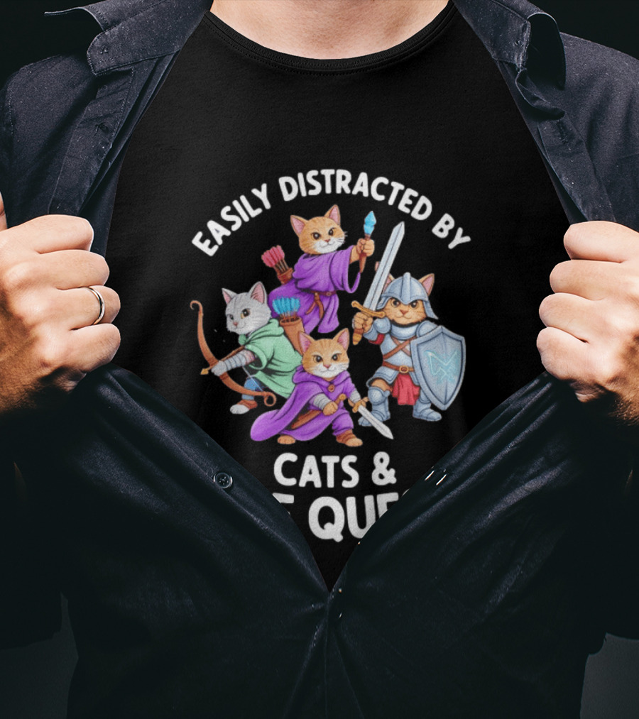 Easily Distracted By Cats And Side Quests Fantasy Theme With Feline Adventurers T-Shirt