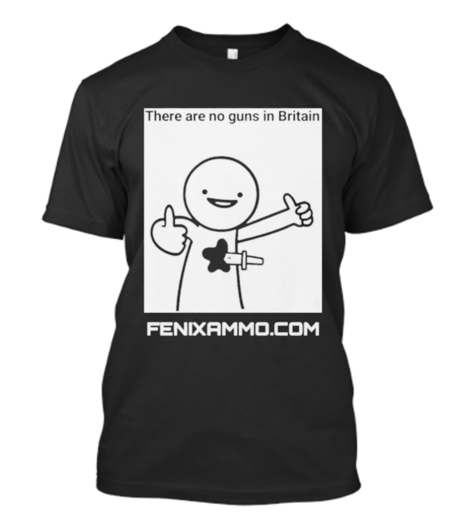 There Are No Guns In Britain Fenixammo Com Happy Character With Gun Hand Gesture T-Shirt