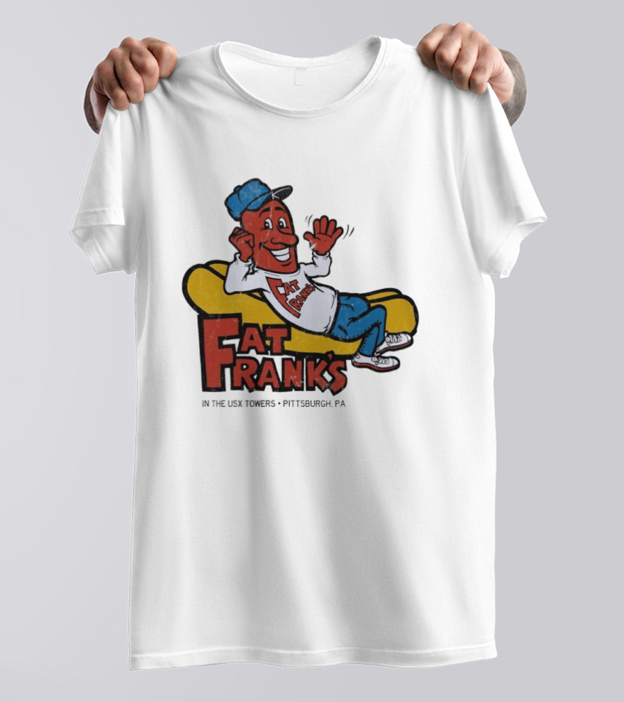 Fat Frank's In The USX Towers Pittsburgh PA Hot Dogs Retro Cartoon T-Shirt