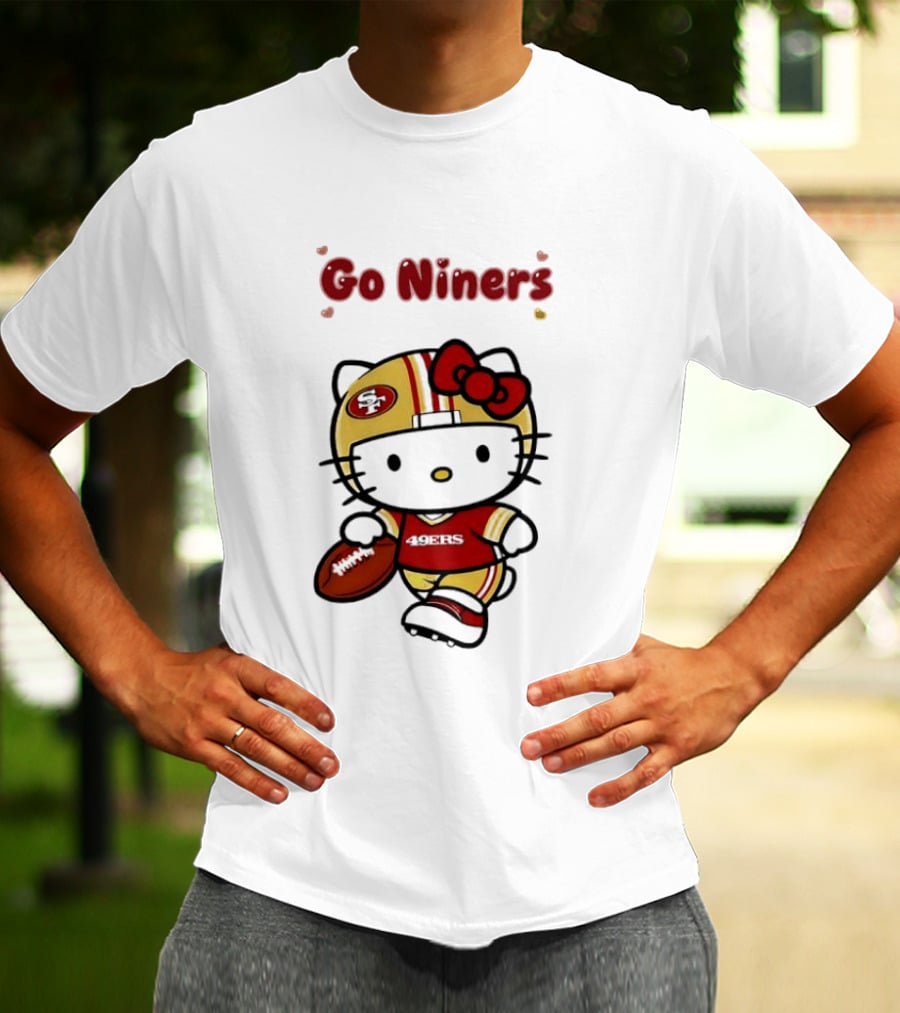 Go Niners SF Oval Gold Helmet Jersey Hello Kitty Football Bow T-Shirt