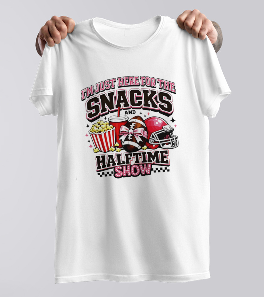 I'm Just Here For The Snacks And Halftime Show Football Popcorn Pink Coquette T-Shirt