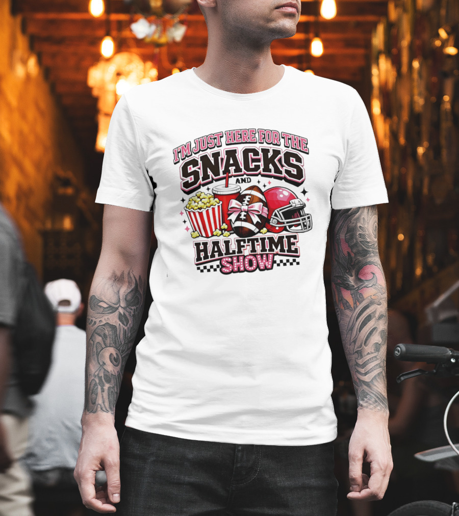 I'm Just Here For The Snacks And Halftime Show Football Popcorn Pink Coquette T-Shirt