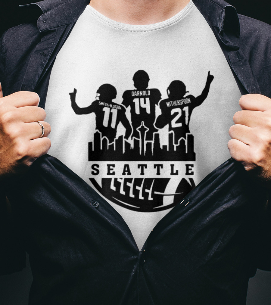 Seattle Seahawks Sam Darnold Jaxon Smith Njigba Devon Witherspoon NFC 2026 Football Skyline T-Shirt