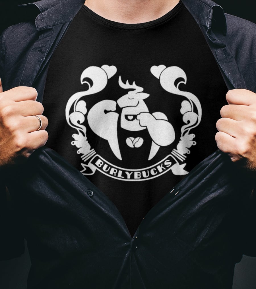 Burlybucks Muscular Deer Drinking Coffee Crest T-Shirt