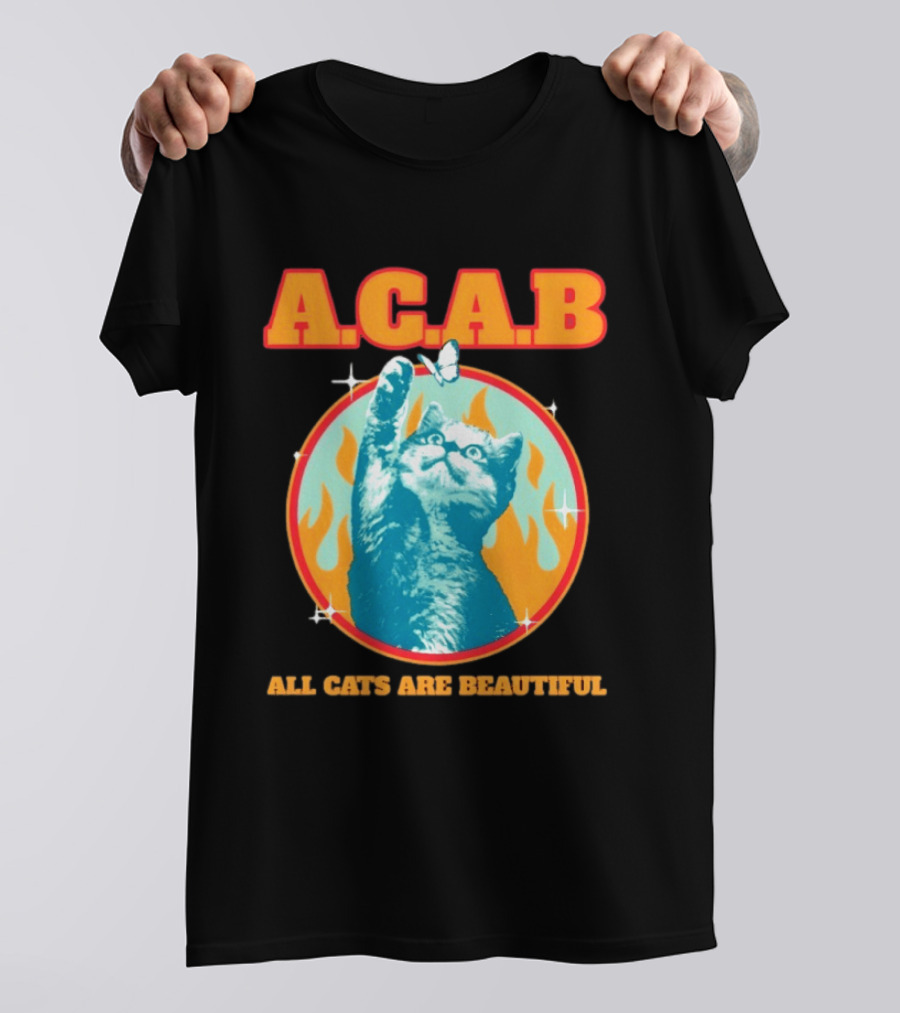 A.C.A.B Cat With Butterfly And Flames T-Shirt