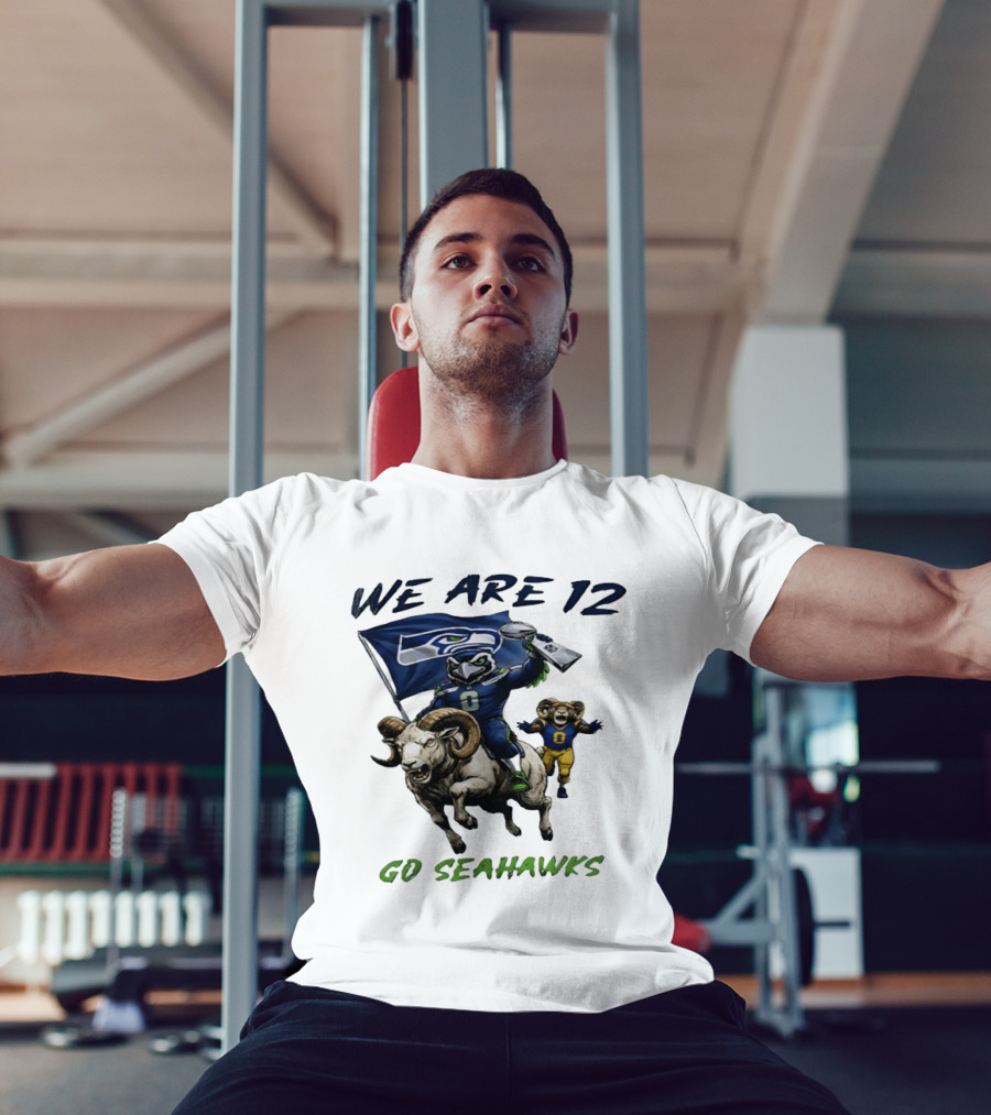 We Are 12 Go Seahawks Riding Goat With Seahawks Flag T-Shirt