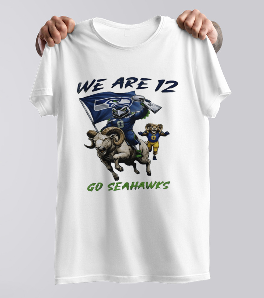We Are 12 Go Seahawks Riding Goat With Seahawks Flag T-Shirt
