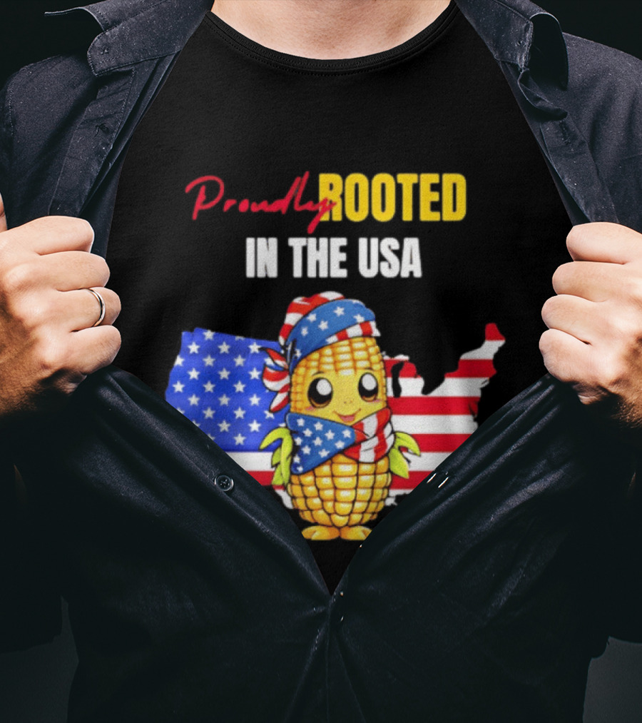 Proudly Rooted In The USA Corn American Flag Map T-Shirt
