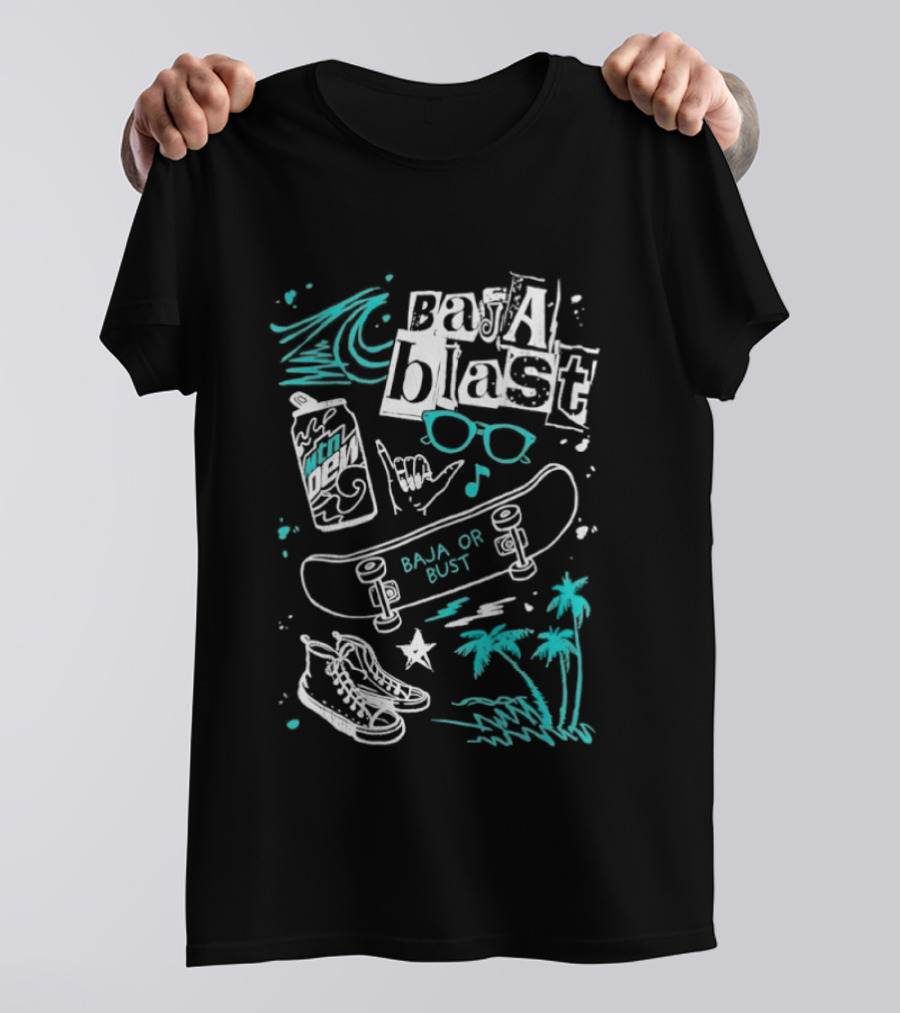 Mountain Dew Baja Blast Skateboard Surf Vibes Ocean Palms Adventure T-Shirt