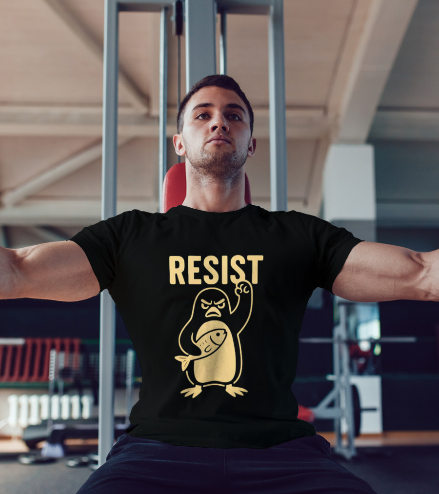RESIST Angry Penguin Holding Fish T-Shirt