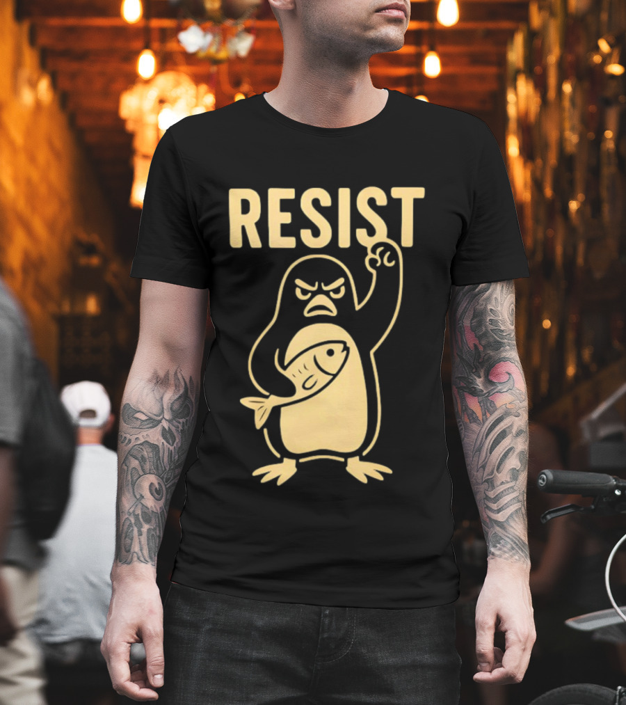 RESIST Angry Penguin Holding Fish T-Shirt