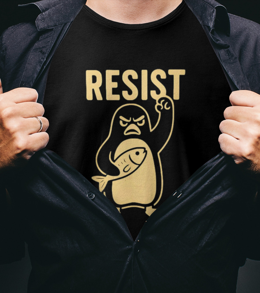 RESIST Angry Penguin Holding Fish T-Shirt