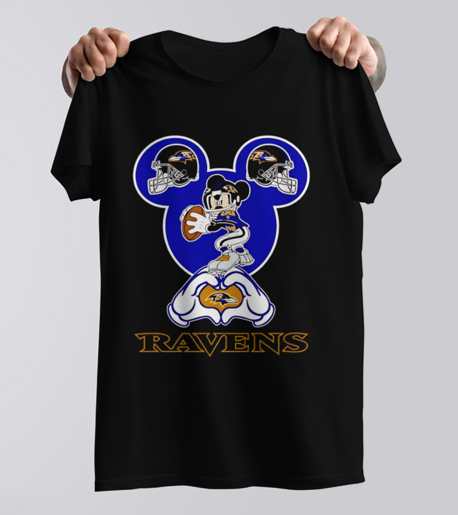 Baltimore Ravens Mickey Mouse Heart Hands Football Helmets T-Shirt