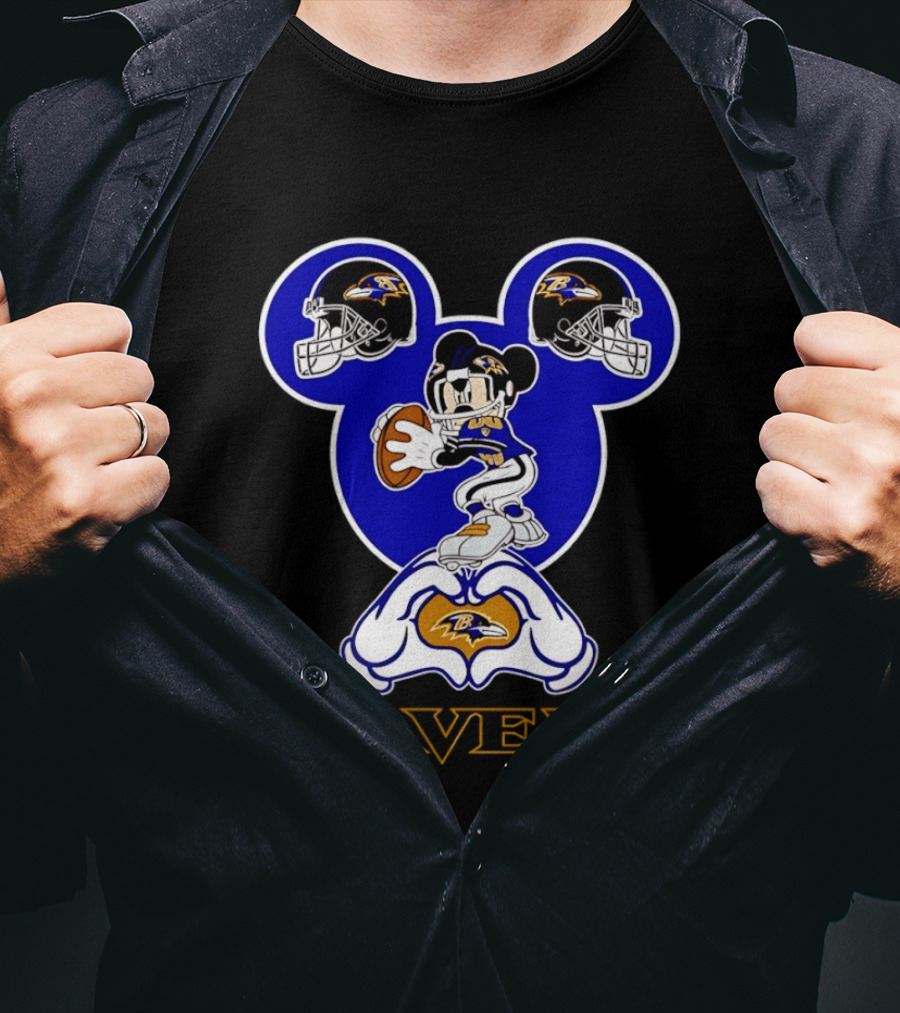 Baltimore Ravens Mickey Mouse Heart Hands Football Helmets T-Shirt