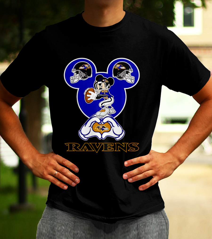 Baltimore Ravens Mickey Mouse Heart Hands Football Helmets T-Shirt