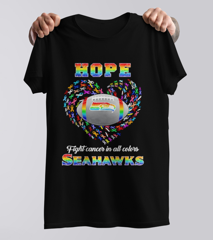 Hope Fight Cancer In All Colors Seahawks Rainbow Heart Football T-Shirt
