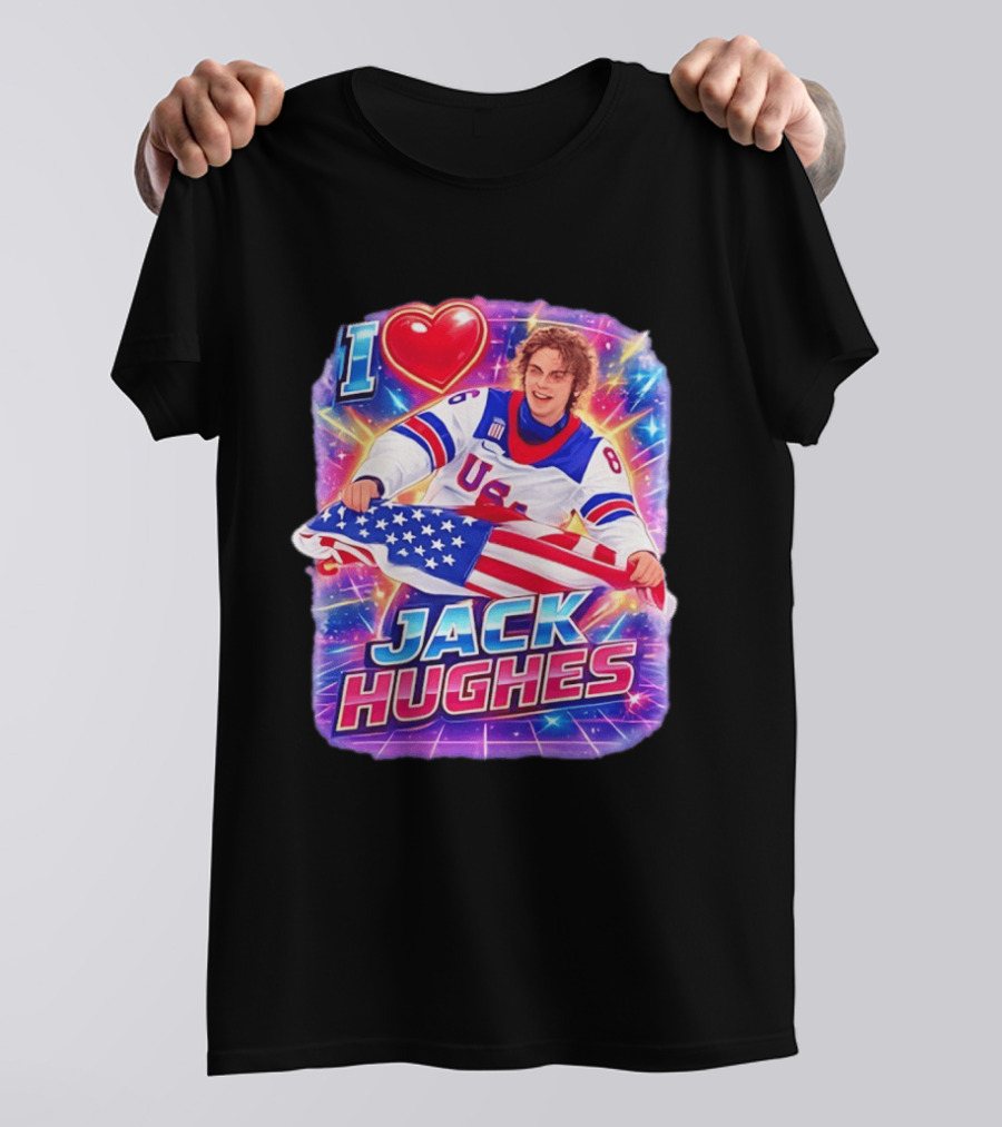 I Love Jack Hughes USA Hockey Flag Celebration T-Shirt