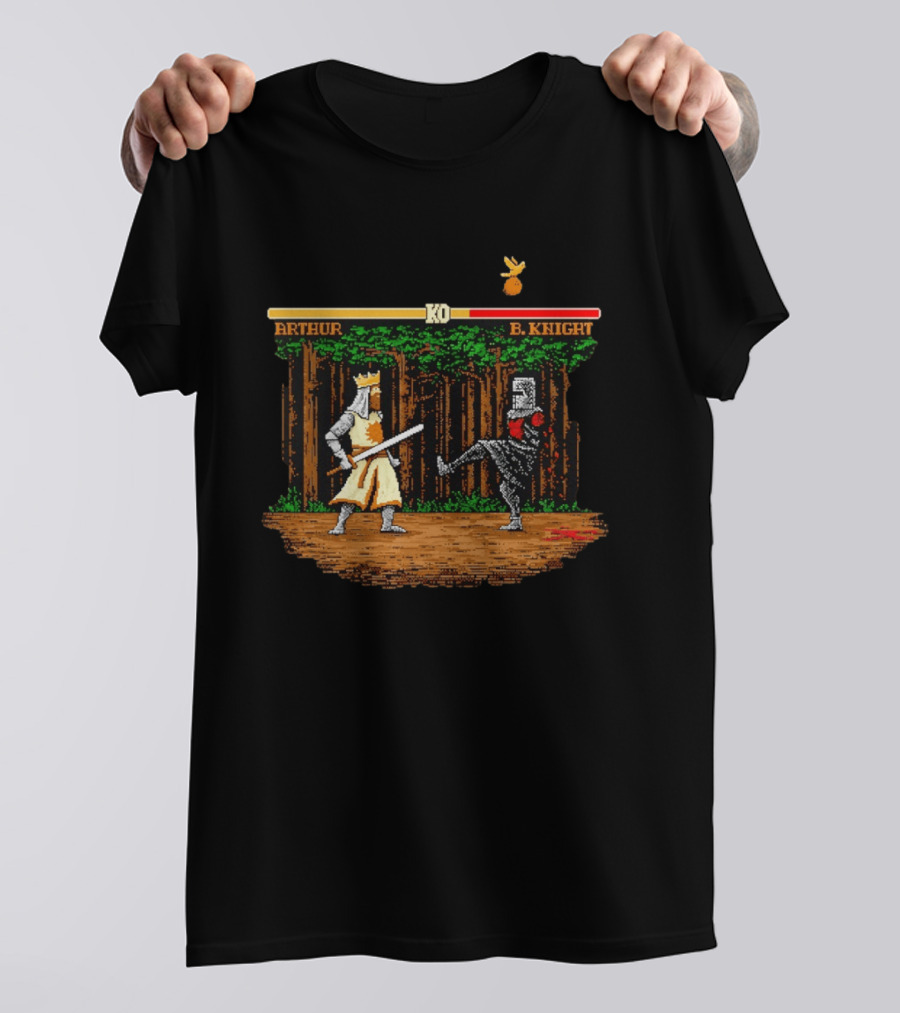 King Arthur Vs Black Knight KO Monty Python And The Holy Grail Pixel Art Forest Duel T-Shirt
