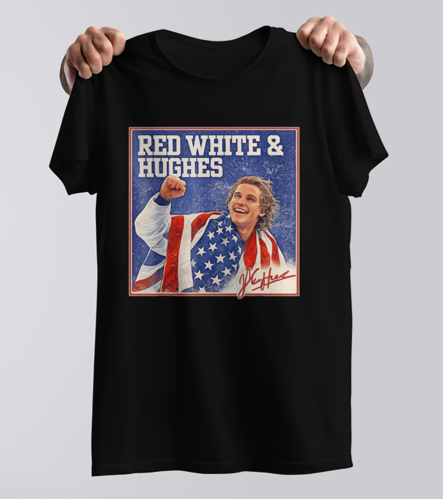 Red White & Hughes USA Jack Hughes Signature Fist Pump Celebration T-Shirt