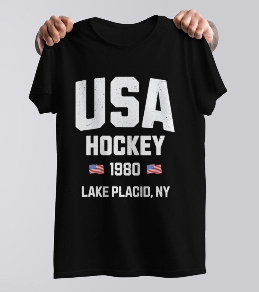 USA Hockey 1980 Lake Placid NY American Flags T-Shirt