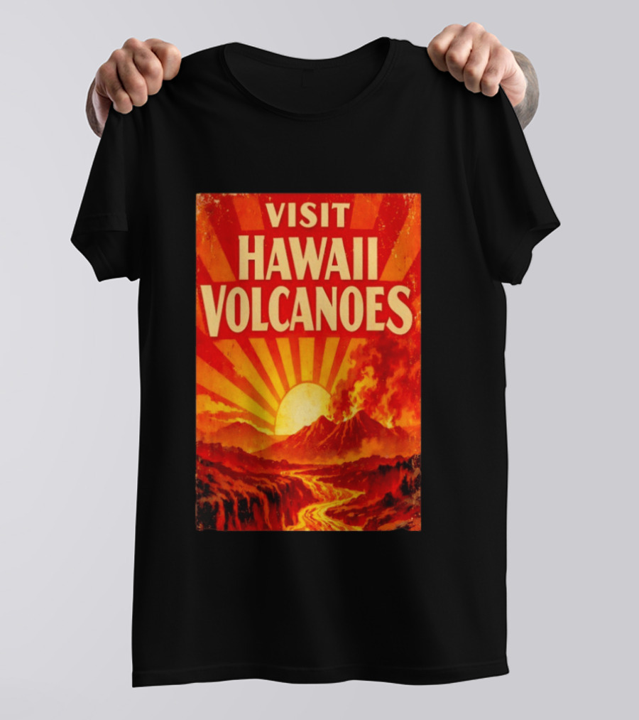 Visit Hawaii Volcanoes Vintage Travel With Erupting Mountain And Sunset Rays T-Shirt