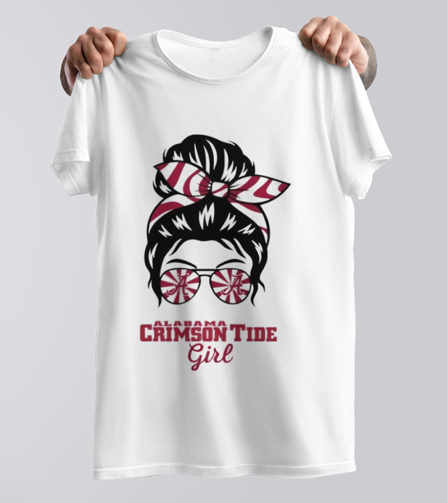 Alabama Crimson Tide Girl Messy Bun With Glasses And Bow T-Shirt