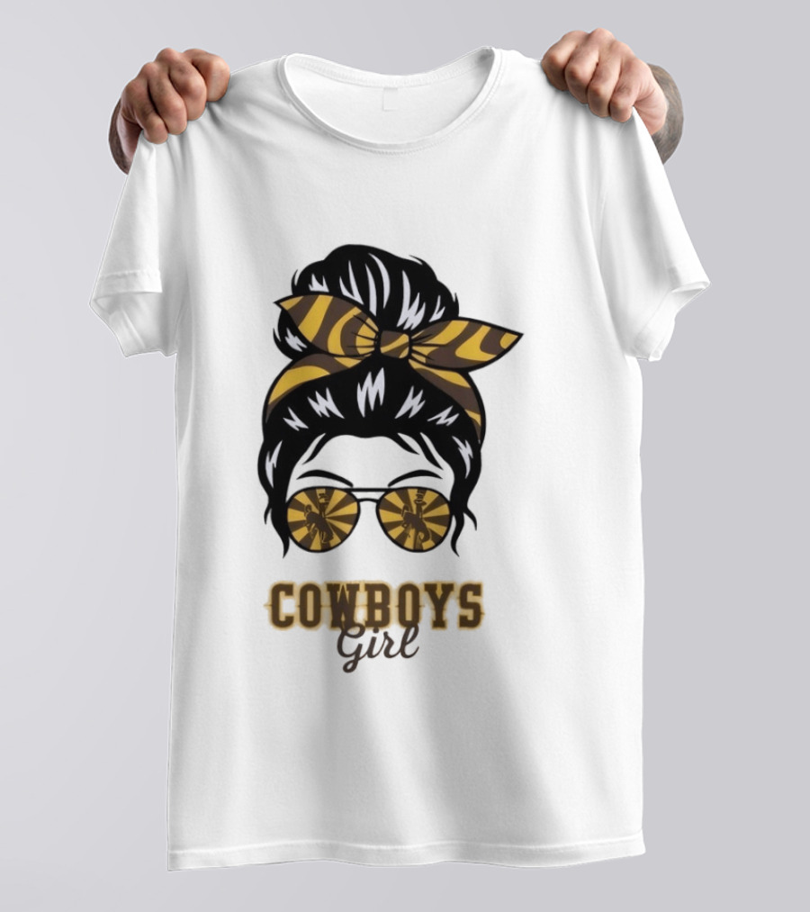Wyoming Cowboys Girl Messy Bun Zebra Print Headband Glasses T-Shirt