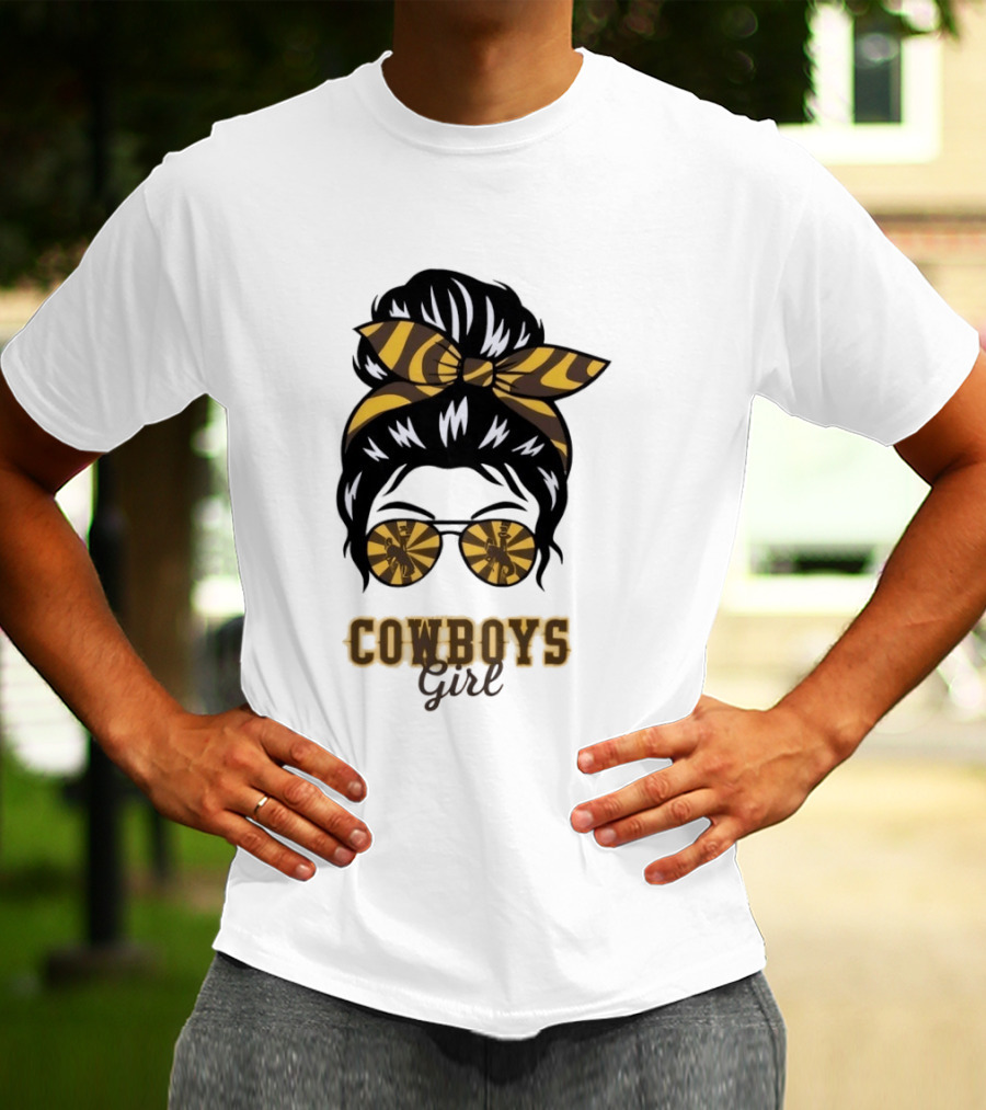 Wyoming Cowboys Girl Messy Bun Zebra Print Headband Glasses T-Shirt