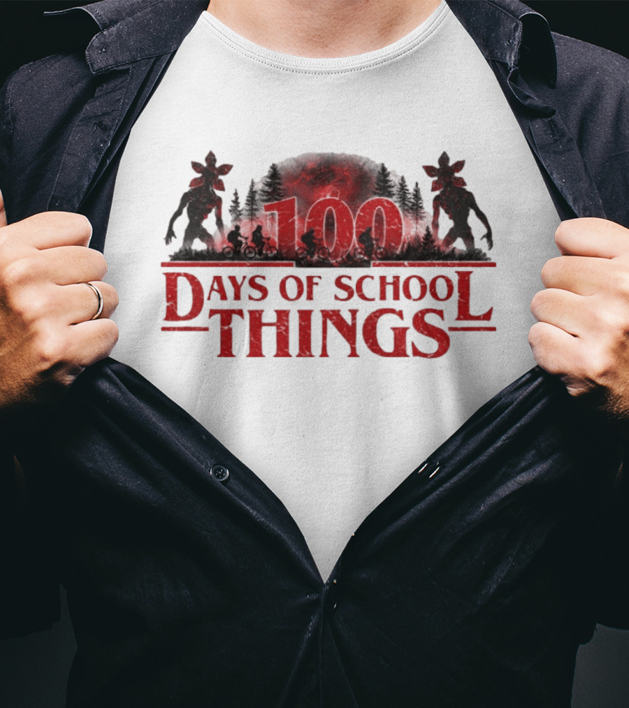 100 Days Of School Things Stranger Things Biking Adventure With Demogorgon T-Shirt