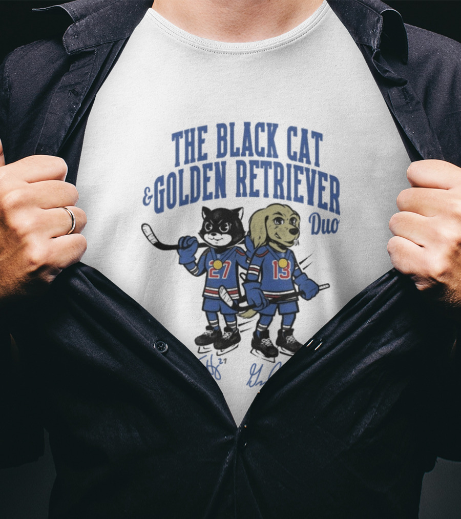 The Black Cat And Golden Retriever Duo Hockey Team 27 13 T-Shirt
