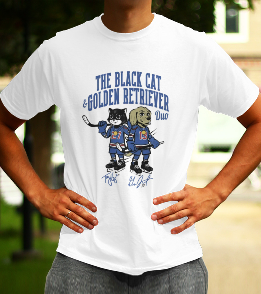 The Black Cat And Golden Retriever Duo Hockey Team 27 13 T-Shirt