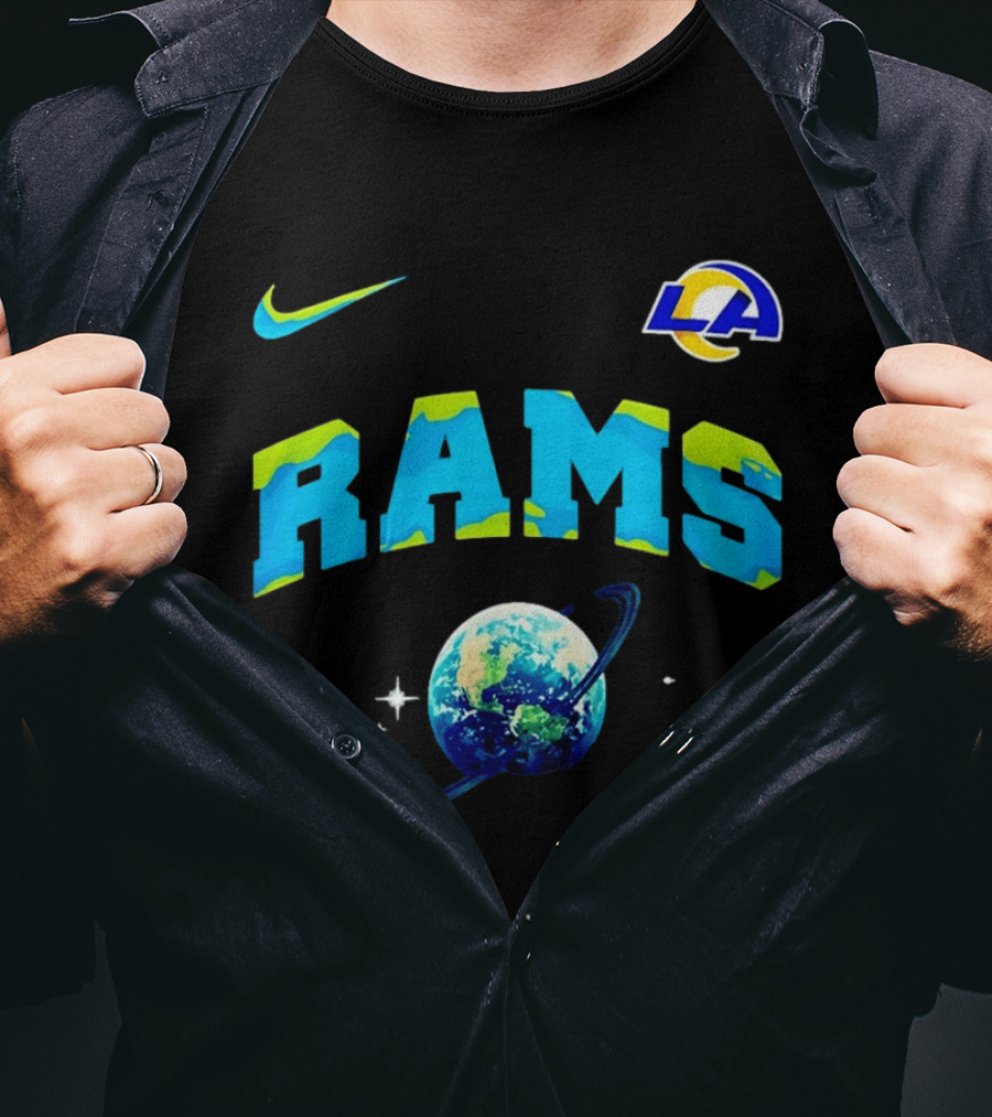 Los Angeles Rams Earth Day One Planet One Goal Nike Collaboration With LA Logo And Planet T-Shirt